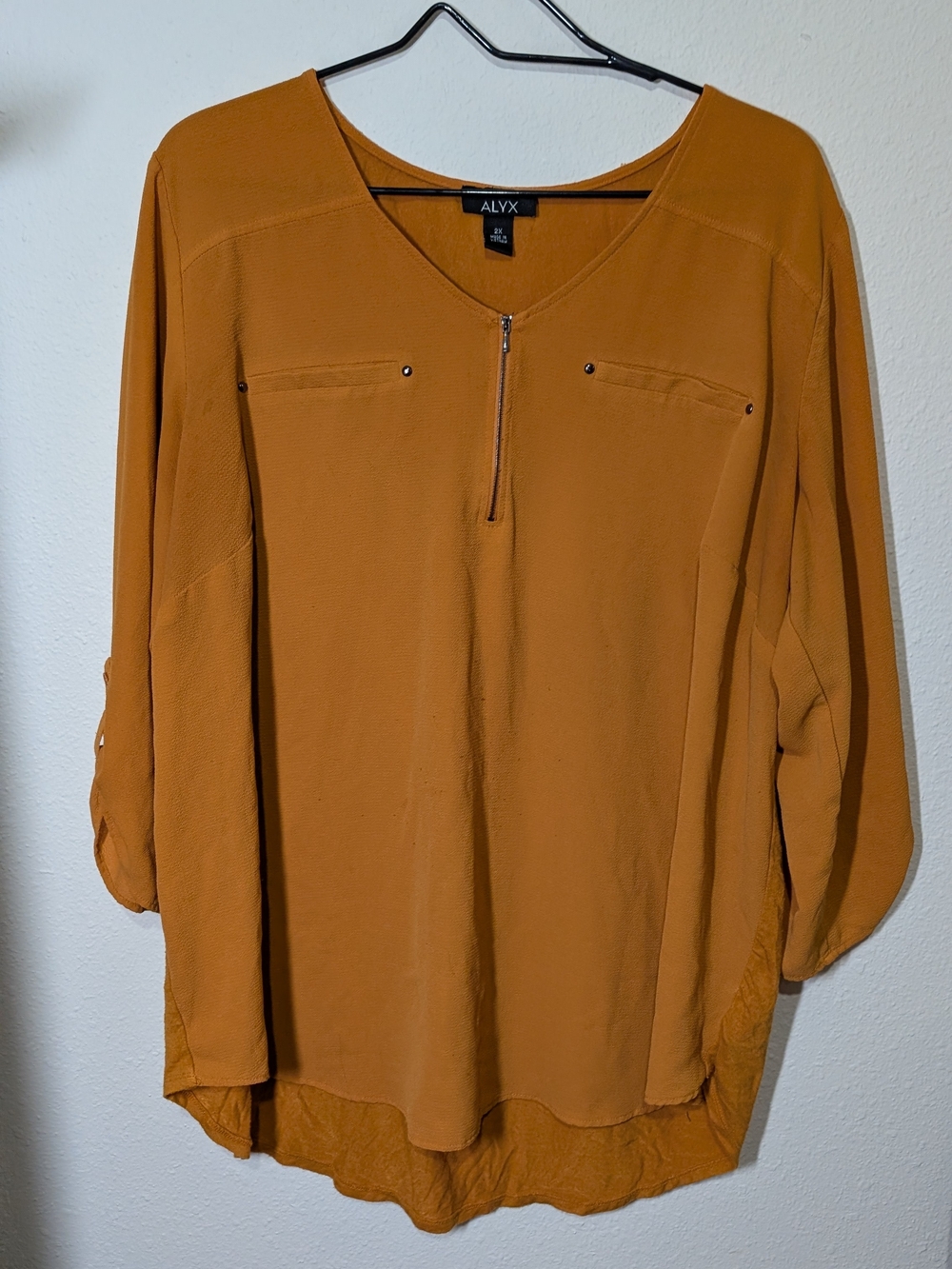 ALYX Mustard Marigold Mixed Media Half Zip Blouse Tab Sleeve 2X